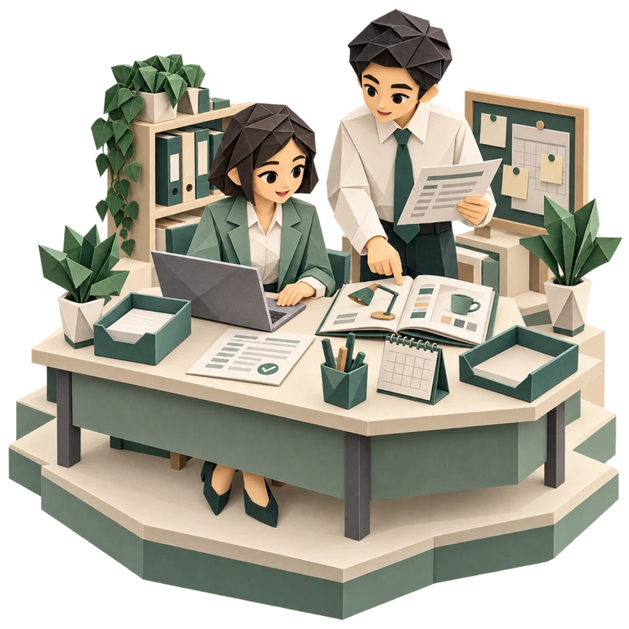Nhân viên kinh doanh và quản lý cùng đối chiếu danh mục, báo giá nháp và lịch hẹn trên bàn làm việc origami.