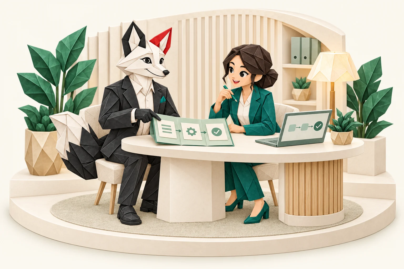 Mascot Foxy origami cùng nữ đại diện doanh nghiệp đối chiếu hồ sơ và quy trình trên laptop tại bàn tư vấn màu kem.