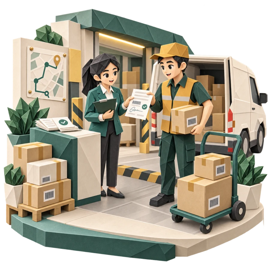 Điều phối viên và tài xế đối chiếu chứng từ giao nhận cạnh xe vận chuyển và các kiện hàng.