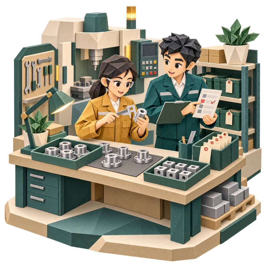 Kỹ sư kiểm tra chi tiết sản xuất cùng quản lý ca tại xưởng với báo cáo và phiếu kiểm tra.