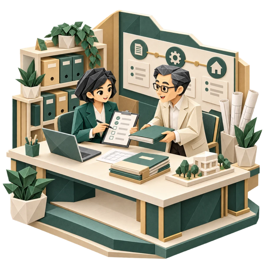 Chuyên viên cùng khách hàng rà soát hồ sơ và danh sách tài liệu còn thiếu trong phòng dự án.