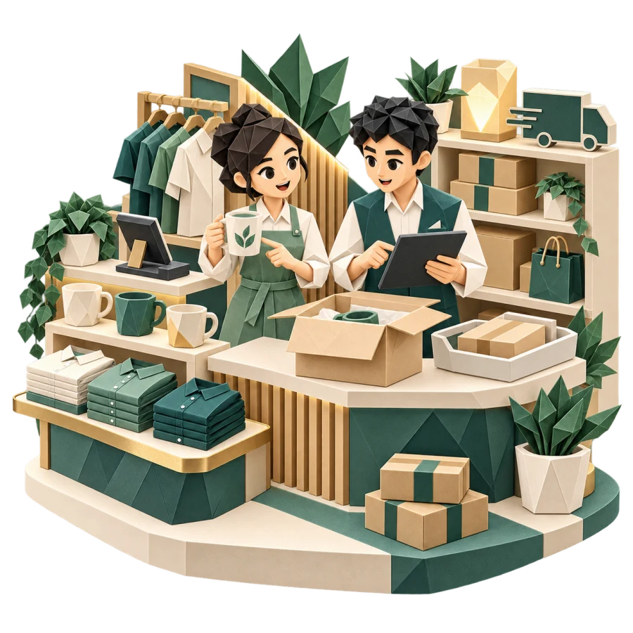 Nhân viên cửa hàng đối chiếu sản phẩm, đơn hàng và thông tin giao hàng tại bàn đóng gói.