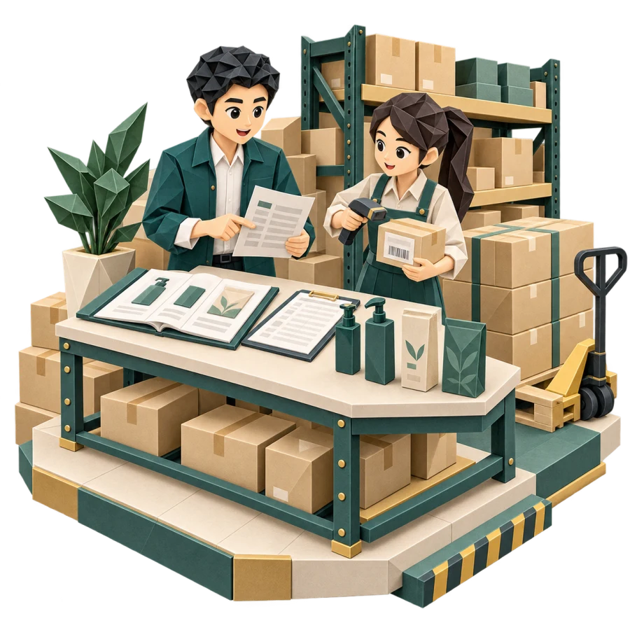 Nhân viên phân phối đối chiếu đơn đại lý và danh mục, đồng nghiệp kiểm tra thùng hàng trong kho.