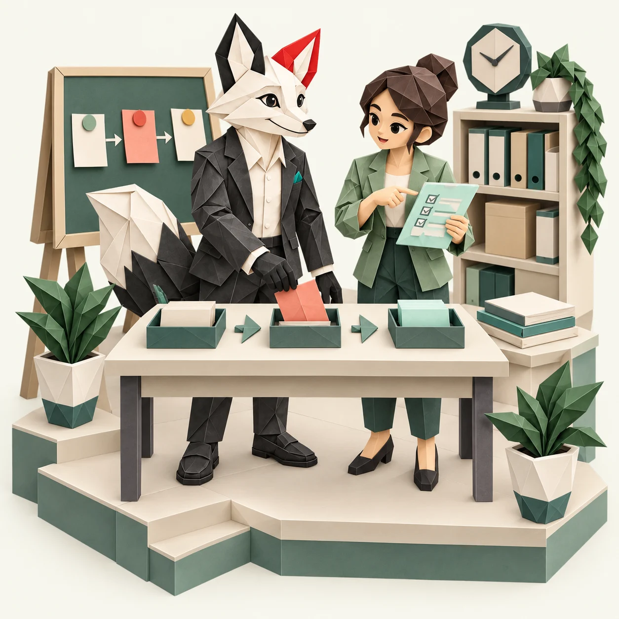 Foxy cùng khách hàng thử một quy trình qua ba khay công việc trên bàn giấy origami.