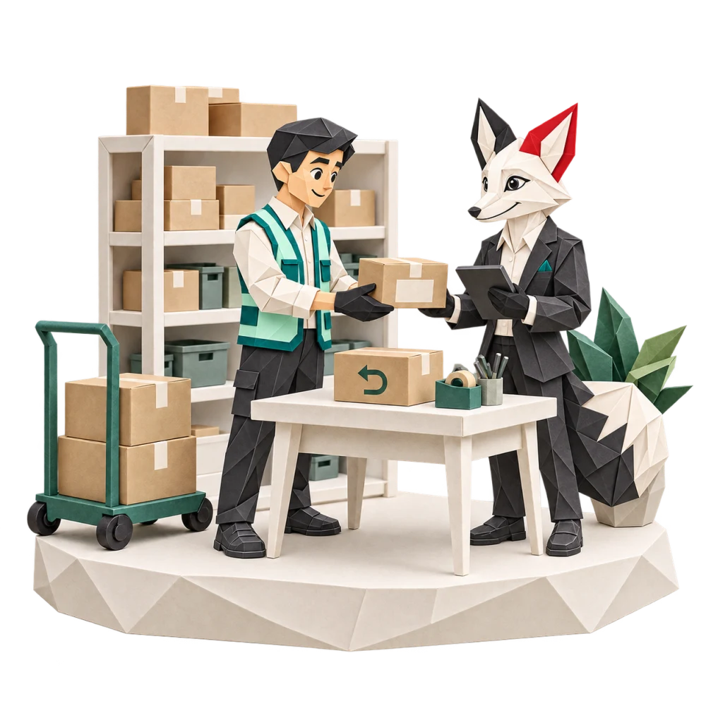 Foxy và nhân viên kho cùng kiểm tra kiện hàng tại bàn đóng gói origami.