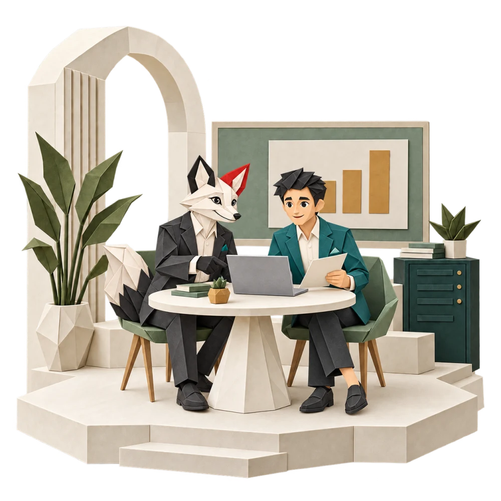 Foxy phân tích dữ liệu cùng chủ doanh nghiệp bên máy tính và biểu đồ origami.