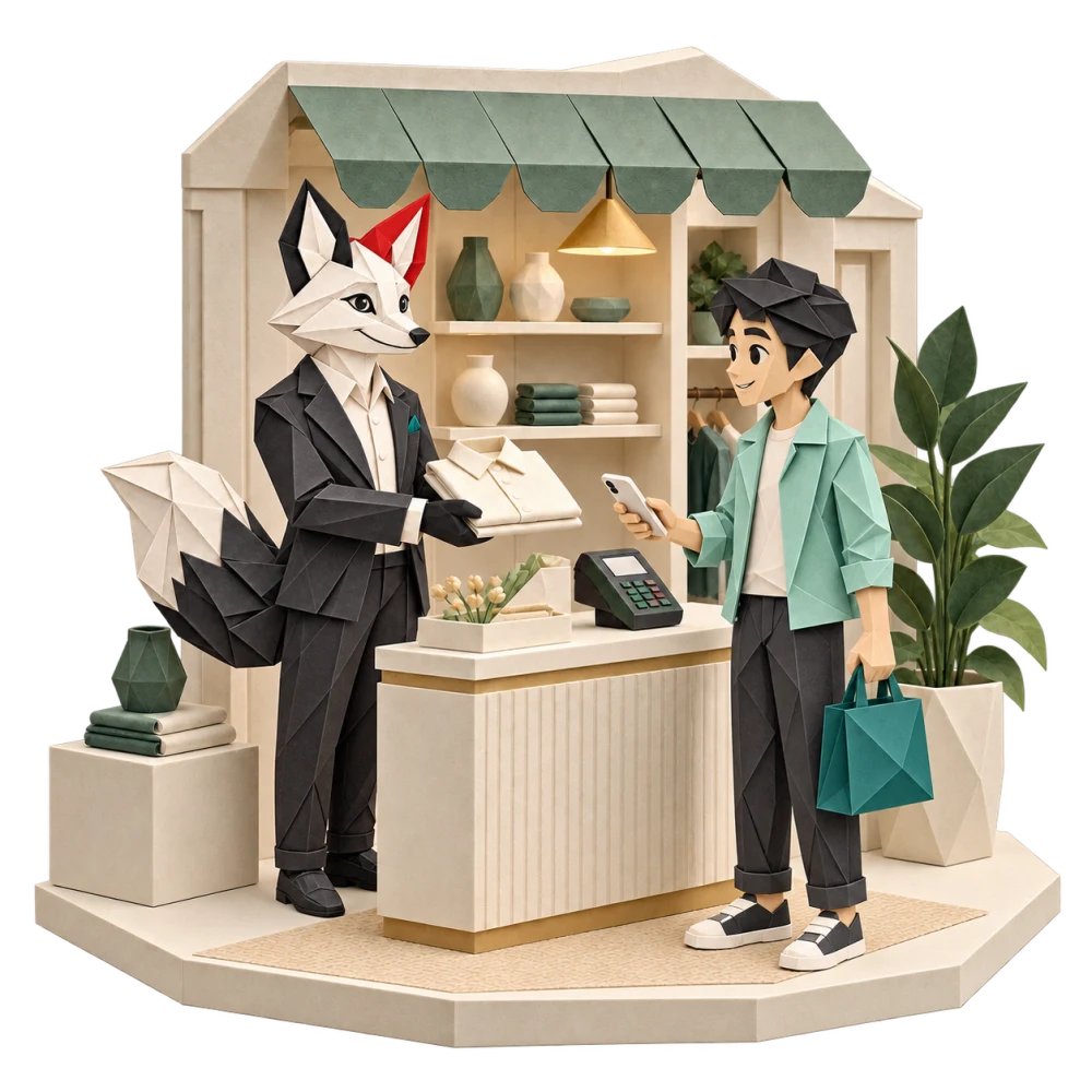 Foxy tư vấn sản phẩm cho khách tại cửa hàng origami, khách chuẩn bị thanh toán bằng điện thoại.