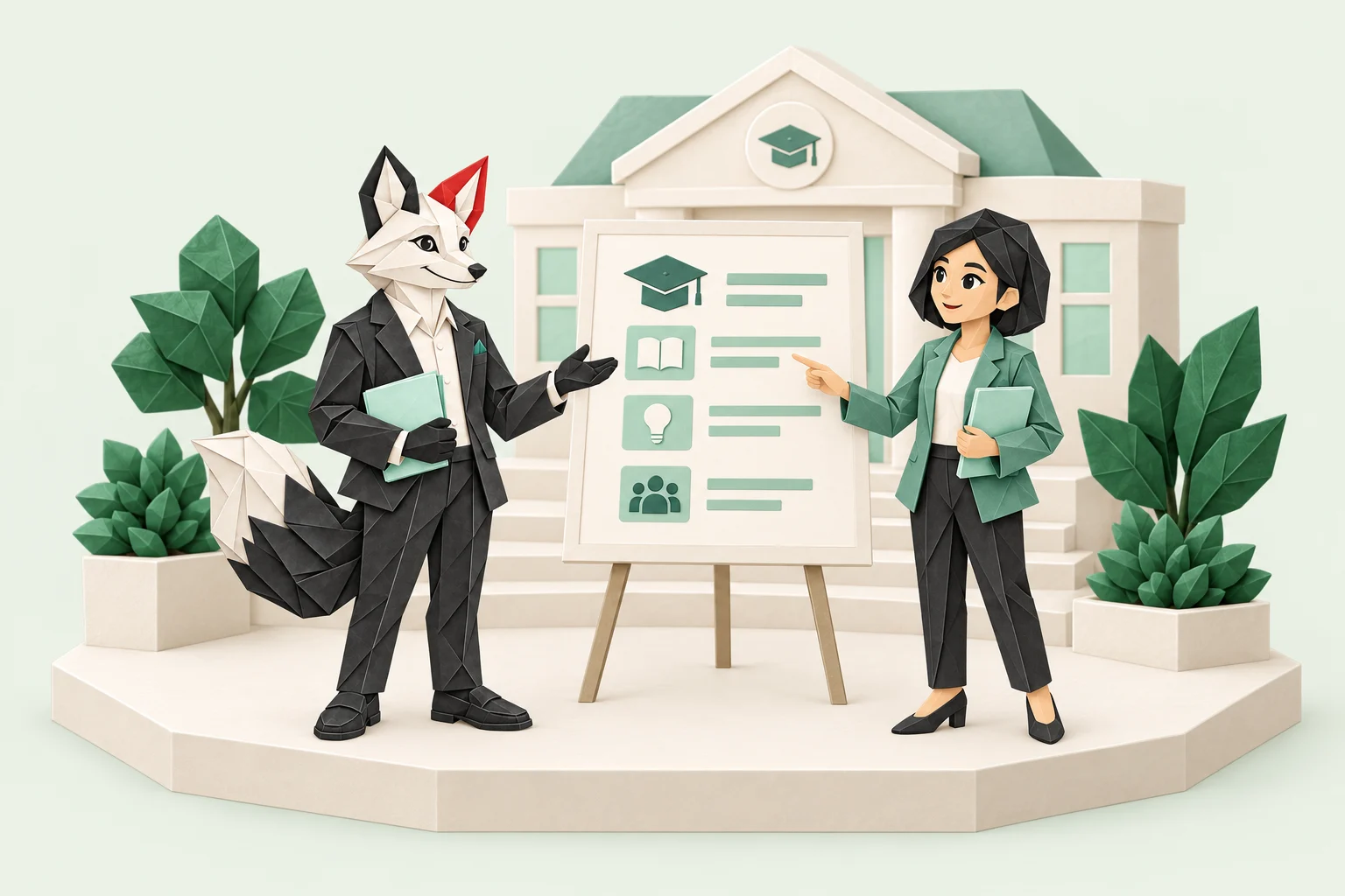 Foxy origami cùng nữ hiệu trưởng trao đổi kế hoạch trước mô hình trường học.
