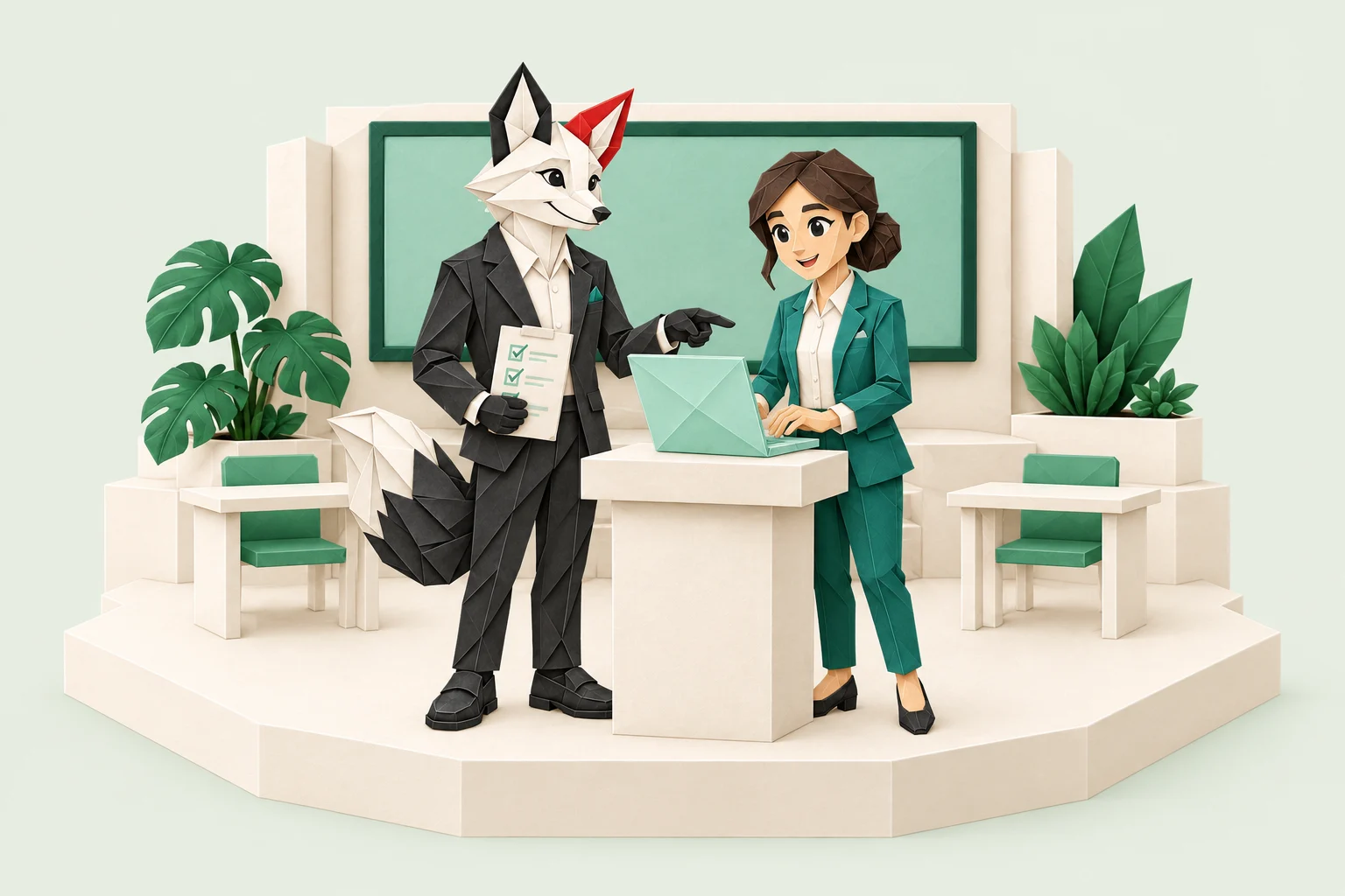 Foxy origami cùng giáo viên kiểm thử nền tảng trên laptop trong mô hình lớp học.