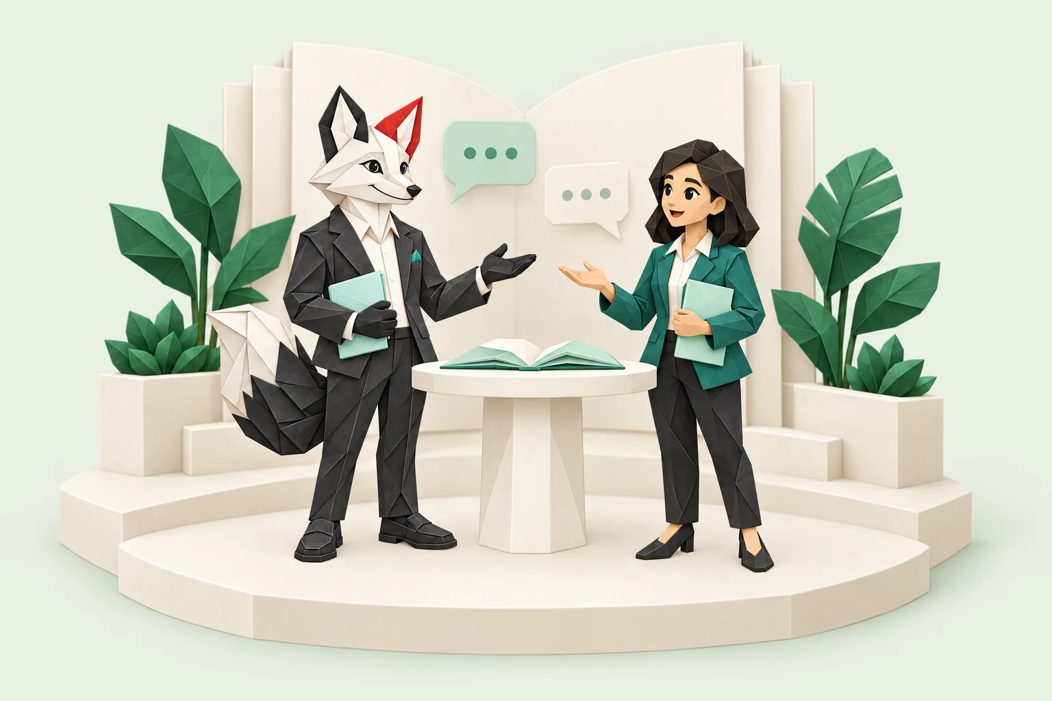 Foxy origami giải đáp thắc mắc cùng nữ đại diện trung tâm bên bàn sách và mô hình giấy.