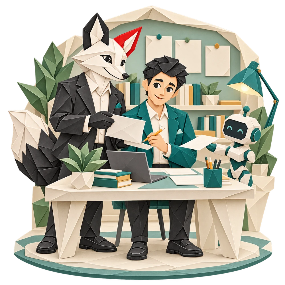 Foxy và giảng viên duyệt câu hỏi do robot hỗ trợ đề xuất trên bàn học.