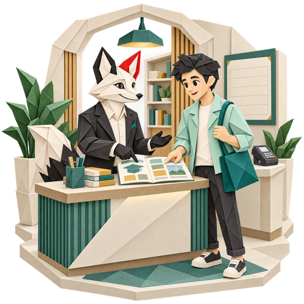 Foxy tư vấn khóa học cho học viên tại quầy tuyển sinh origami.