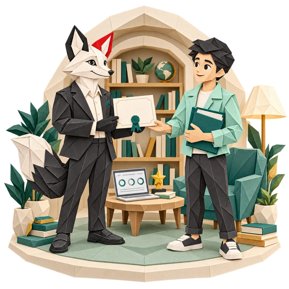 Foxy trao chứng nhận cho học viên bên hồ sơ học tập trong thư viện.