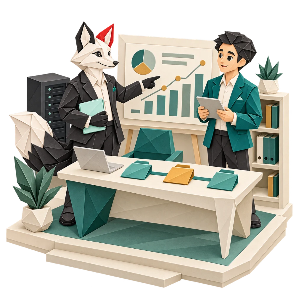 Foxy và người quản lý đối chiếu dữ liệu đào tạo trên bảng báo cáo.