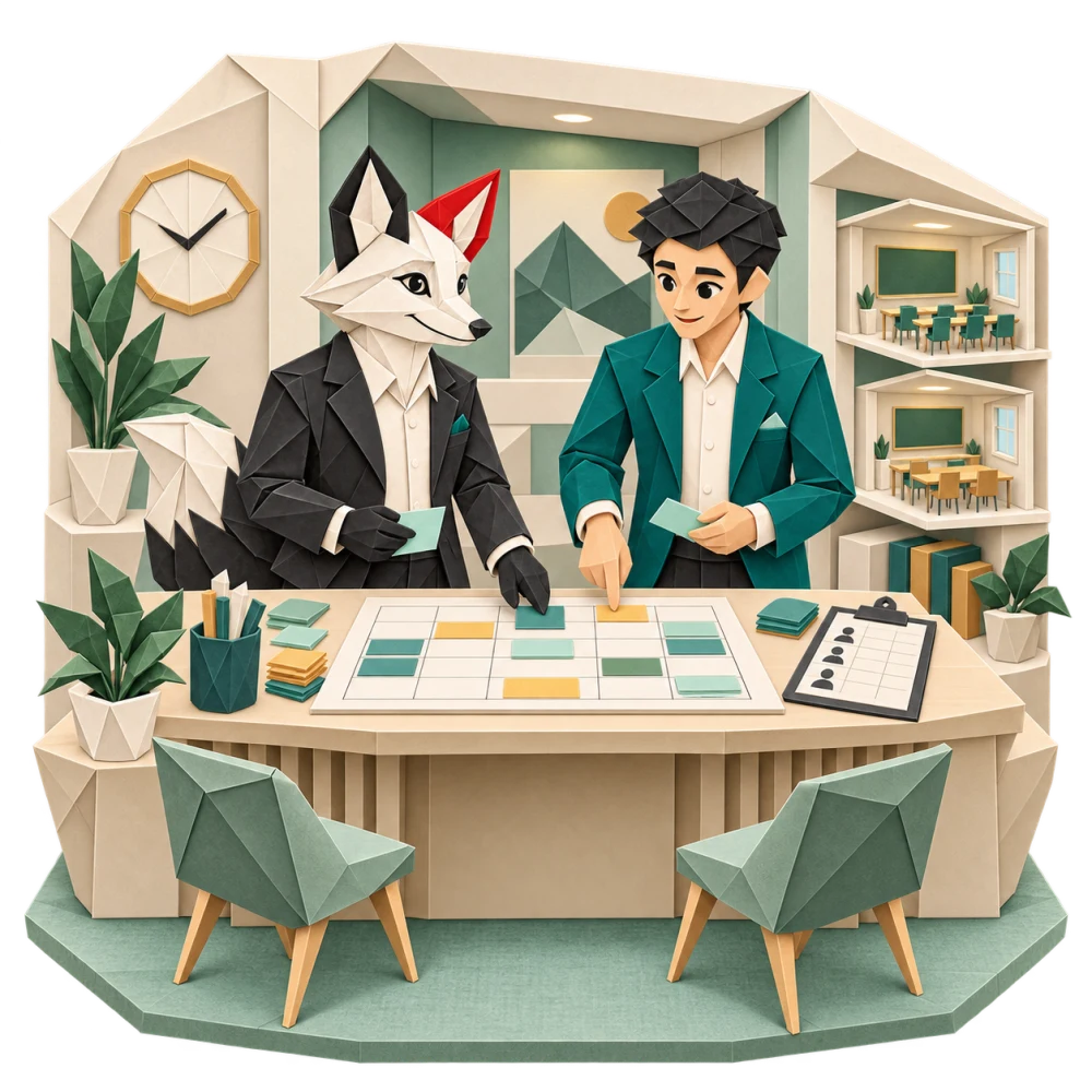 Foxy và người quản lý cùng sắp xếp lịch lớp trên bảng thời khóa biểu.