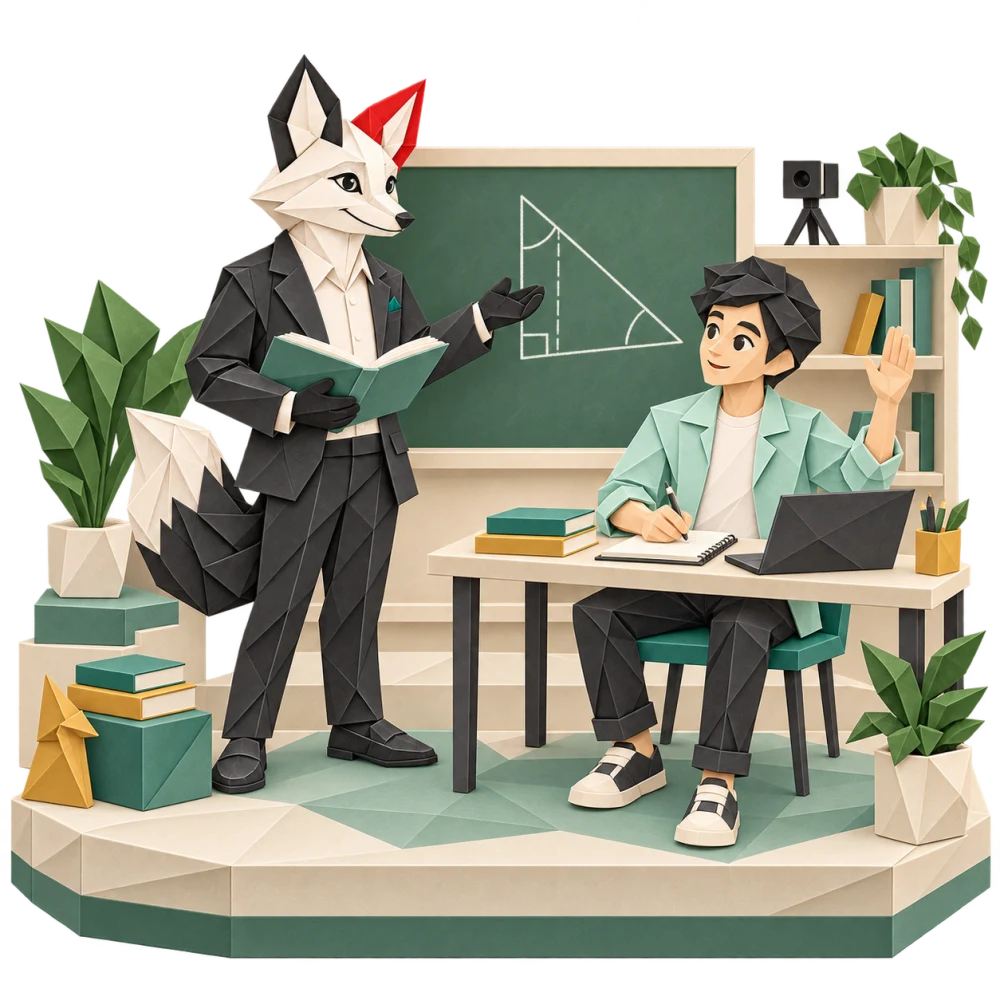 Foxy hướng dẫn bài học trên bảng, học viên đặt câu hỏi và ghi chép.